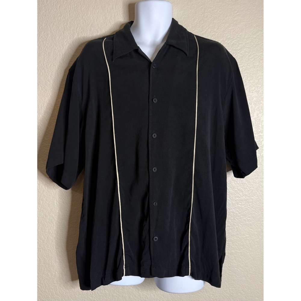 Toscano Mens XL Button Down Shirt Black 100% Silk Short Sleeve Bowling Piping